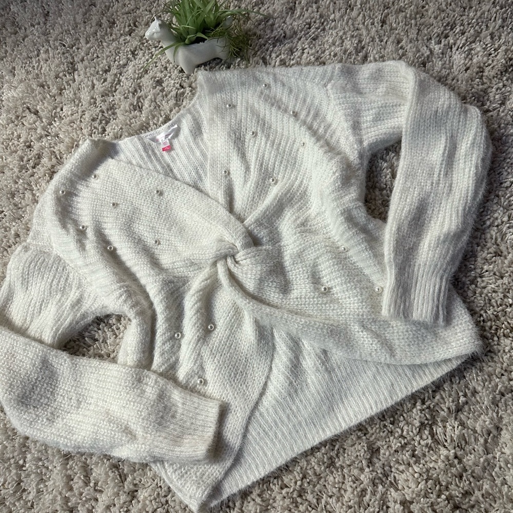 No Boundaries cute white knotted adorable cozy comfy sweater dazzled lon…